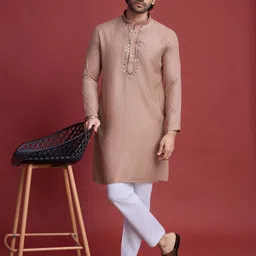 ODETTE Men Geometric Woven Design Mirror Work Mandarin Collar Straight Kurta-image-62