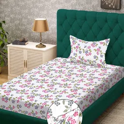 KLOTTHE Cream Floral Printed 300TC Fitted Single Bedsheet Set 2.25m x 1.50 m-image-27