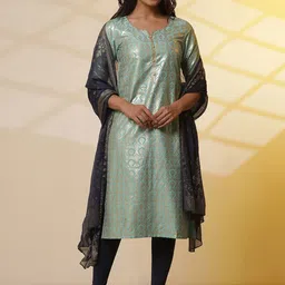 AURELIA Ethnic Motifs Woven Design Notch Neck Straight Kurta With Leggings and Dupatta-27