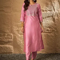 KALINI Women Floral Embroidered Regular Thread Work Kurta with Trousers-picture-57