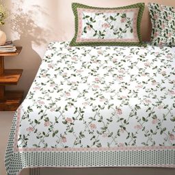 eyda White & Green Floral 210 TC King Bedsheet with 2 Pillow Covers-14