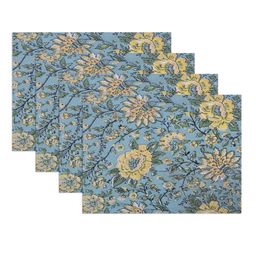 Texstylers 4-Pcs Blue & Yellow Floral Printed Cotton Table Placemats-27