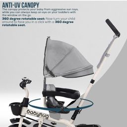 Babyhug Hermes Glider Plug & Play Trike with 360° Rotatable Seat & Parental Handle with Canopy Rubber Wheels & Storage Baskets with Bell - Black Grey image 2