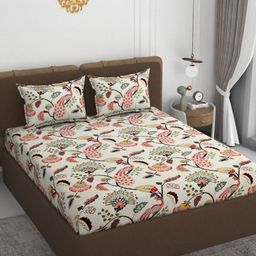 VOMZER Cream & Red Printed Cotton 210 TC Queen Bedsheet Set- 1.98 m x 1.53 m-5
