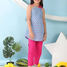 Sangria Girls Floral Printed Pure Cotton Straight Kurti & Trousers Sets-44