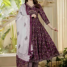 Mizaz Floral Printed V Neck Empire Pure Cotton Kurta With Trousers & Dupatta-picture-1