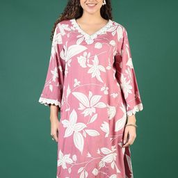V-Mart Floral Printed Flared Sleeves Thread Work V-Neck A-Line Kurta-picture-18