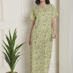 Indreams Women Floral Printed Pure Cotton Maxi Nightdress-image-27