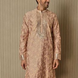 ASUKA Men Floral Embroidered Regular Thread Work Chanderi Silk Kurta with Trousers-12