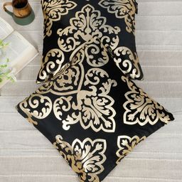 HOSTA HOMES Black & Gold-Toned Set of 2 Ethnic Motifs Velvet Square Cushion Covers-17