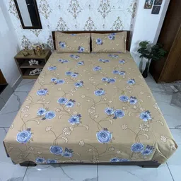 Marika Brown & Blue Floral 180 TC Queen Bedsheet with 2 Pillow Covers-image-74