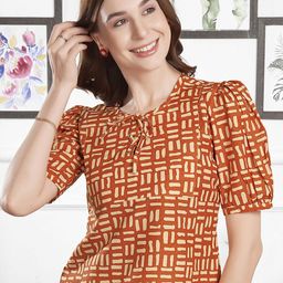 Selvia Geometric Print Puff Sleeve Cotton Top-image-12