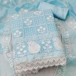 Panzora Floral Embroidered Thread Work Chanderi Cotton Unstitched Dress Material-image-86