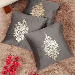 Myntra Elegant Homes Grey & Gold-Toned 3 Pieces Ethnic Motifs Velvet Square Cushion Covers-image-75