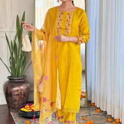 NIZA FASHION Women Ethnic Motifs Embroidered Silk Kurta with Trouser & Dupatta-picture-18