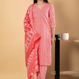 Readiprint Floral Printed Pure Cotton V Neck Straight Kurta With Palazzos And Dupatta-image-74