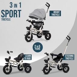Babyhug Hermes Glider Plug & Play Trike with 360° Rotatable Seat & Parental Handle with Canopy Rubber Wheels & Storage Baskets with Bell - Black Grey image 4