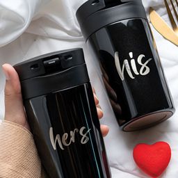 BOROSIL Black 2 Pieces Stainless Steel His & Her Printed Double Wall Vacuum Coffeemate Mug-image-62