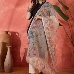 Sangria Lotus Flower Woven Design Linen Dupatta-31