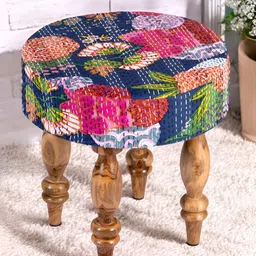 Ikiriya Blue & Pink Round Wooden Stool with Printed Kantha Upholstery-16