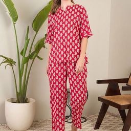 July Women Floral Printed Mandarin Collar Kurti Pyjamas Night suit-image-21