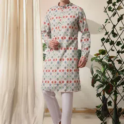 Pro-Ethic STYLE DEVELOPER Floral Printed Mandarin Collar Pure Cotton Kurta With Trousers-75