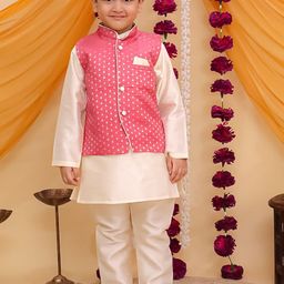 Aj DEZInES Boys Band Collar Regular Brocade Kurta With Pyjamas And Printed Waistcoat-picture-16