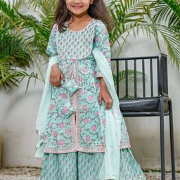 Stuffie Land Girls Floral Printed Cotton Kurta with Sharara & Dupatta-image-19