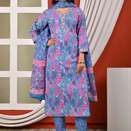 Jasoriya Floral Printed Pure Cotton V-Neck Straight Kurta With Trousers And Dupatta-picture-49