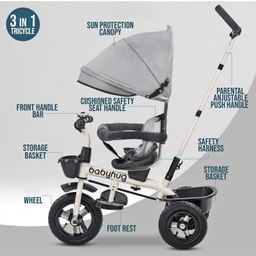 Babyhug Hermes Glider Plug & Play Trike with 360° Rotatable Seat & Parental Handle with Canopy Rubber Wheels & Storage Baskets with Bell - Black Grey image 5