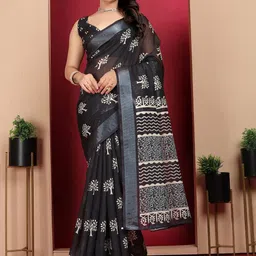 VS MALL Women's Black Digital Printed Linen Blend Saree-picture-12