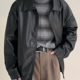 HERE&NOW Men Spread Collar Solid Leather Casual Leather Jacket-picture-46