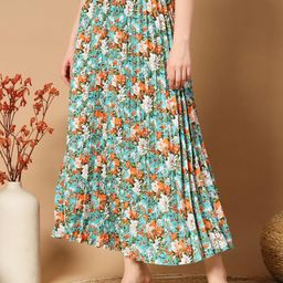 ZWERLON Floral Printed Pleated A-Line Maxi Skirt-picture-50
