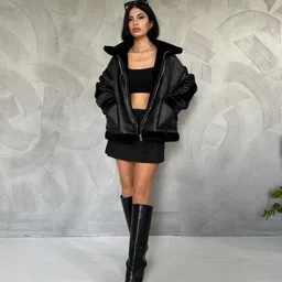 Fashion Gaiia Women Spread Collar Solid Leather Casual Leather Jacket-picture-53