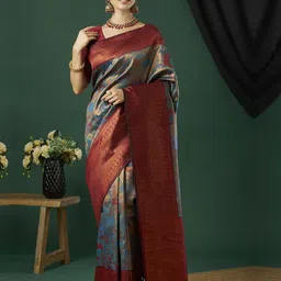 HI FI NX Ethnic Motifs Woven Design Zari Pure Silk Banarasi Saree-image-20