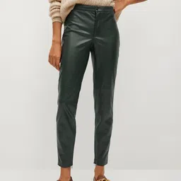 MANGO Women Green Coated Solid Regular Trousers-image-65