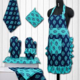 SWAYAM Unisex Set of 8 Black & Turquoise Blue Cotton Printed Kitchen Linen Set-24