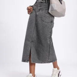 glitchez Urban Boho Front Slit Midi Denim Skirt-image-73