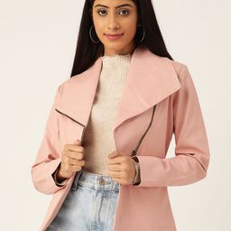 Leather Retail Women Pink Solid Lightweight Biker Jacket-image-86