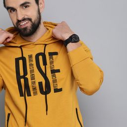 HERE&NOW Men Yellow Printed Pure Cotton Hooded Sweatshirt-image-72