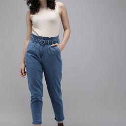 The Roadster Lifestyle Co Women Blue Boyfriend Fit High-Rise Paperbag Stretchable Jeans-15