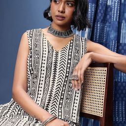 Taavi Sanganeri Geometric Printed Pure Cotton A-Line Kurta with Trousers-picture-24