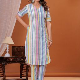Sarai Women Striped Regular Pure Cotton Kurta with Trousers-image-88