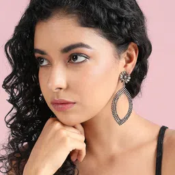 DressBerry Gold-Plated Artificial Stones Studded Floral Shaped Drop Earrings-image-39