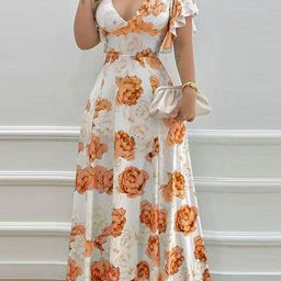 Outzidr Women Floral Printed V-Neck Flutter Sleeves Maxi Dress-image-18