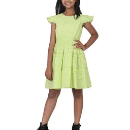 SILK SPARROW Girls Self Design Solid Tie-Ups Flutter Sleeves Fit & Flare Dress-picture-21
