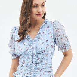 Harpa women Blue Floral Print Smocked Georgette Ruffles Blouson Crop Top-picture-50