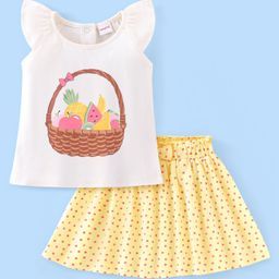 Babyhug 100% Cotton Knit Cap Sleeves Top & Skirt Set with Bow Applique Fruit Basket Print - White & Yellow-image-90