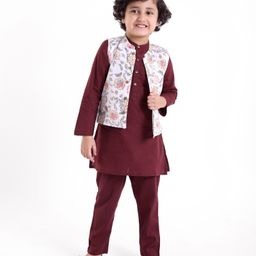 Babyhug 100% Cotton Full Sleeves Woven Solid Colour Kurta Pyjama Set with Floral Printed Jacket-Maroon-image-89
