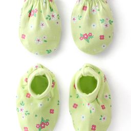 Babyhug 100% Cotton Interlock Knit Mittens & Booties Floral Print - Green-picture-20